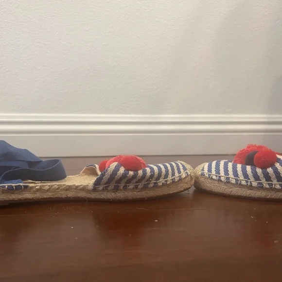 J. Crew Blue stripe & Red pompom Espadrille Sandals with Ribbon Ties - Picture 10 of 11